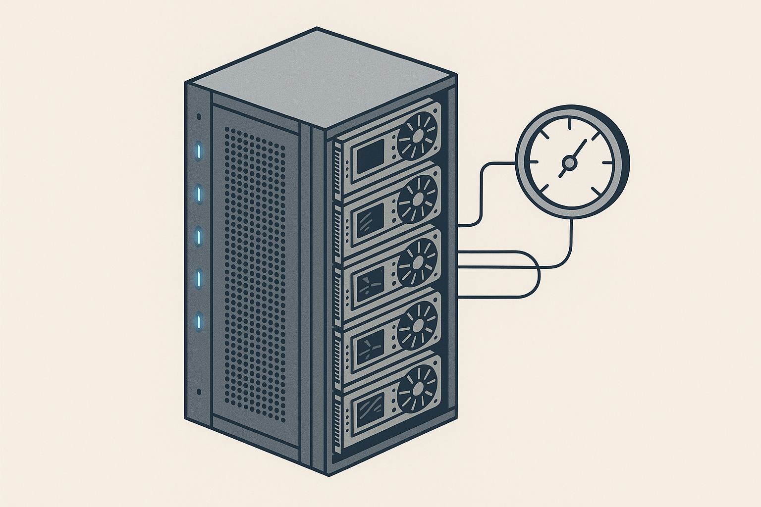 GPU server rack connected to a live power gauge